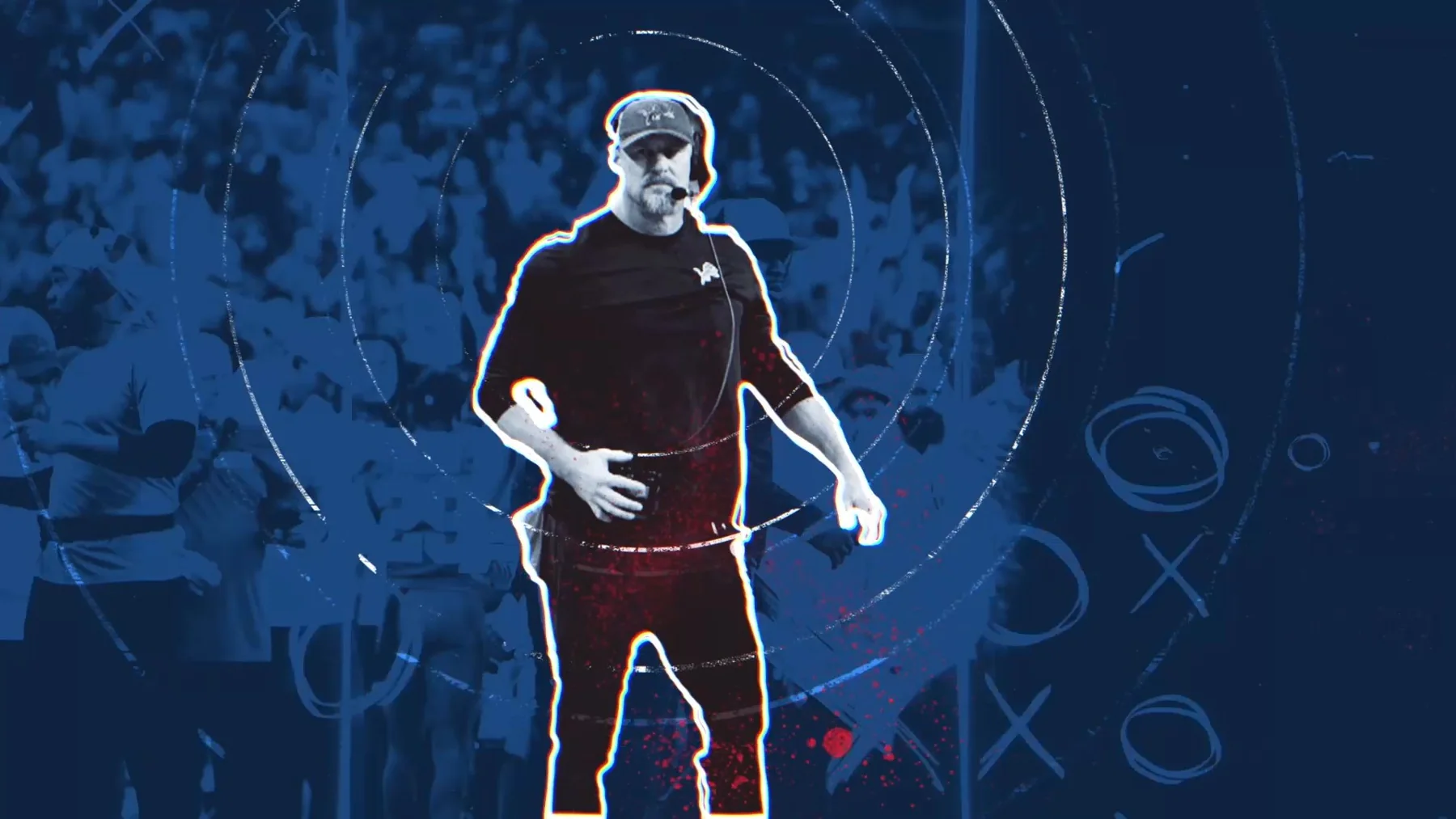 Sunday Night Football promo design with a coach cutout, blue stadium textures and playbook graphics