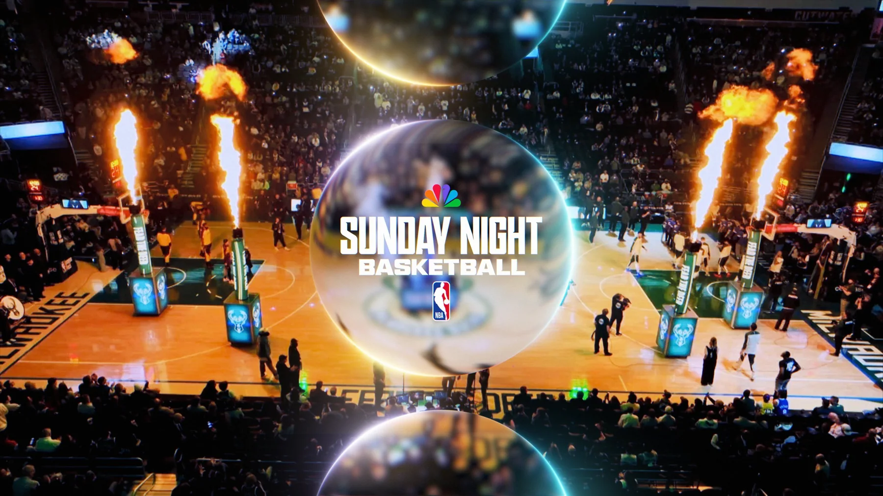 NBC Sports Upfront animation with basketball arena footage and illuminated circular graphics